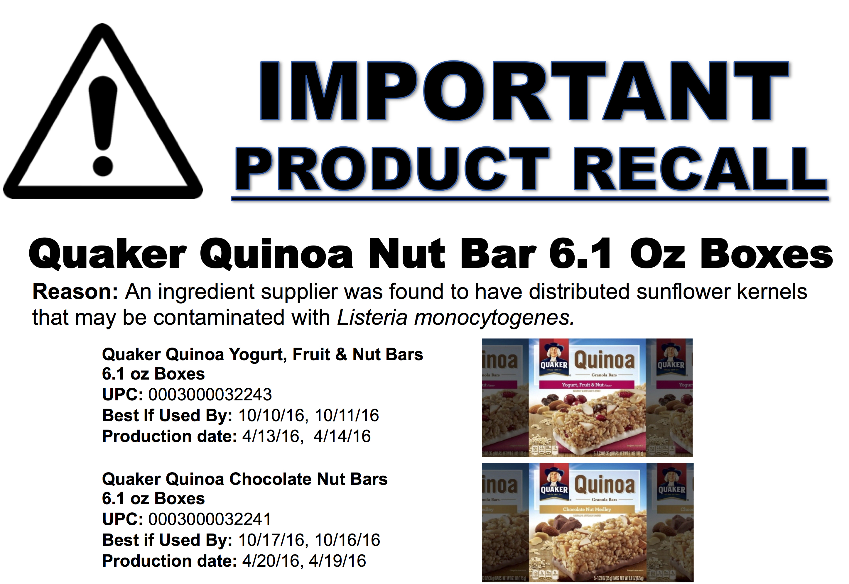 Quaker Quinoa Nut Bar 6.1 Oz Boxes Recall Food Bazaar Supermarket