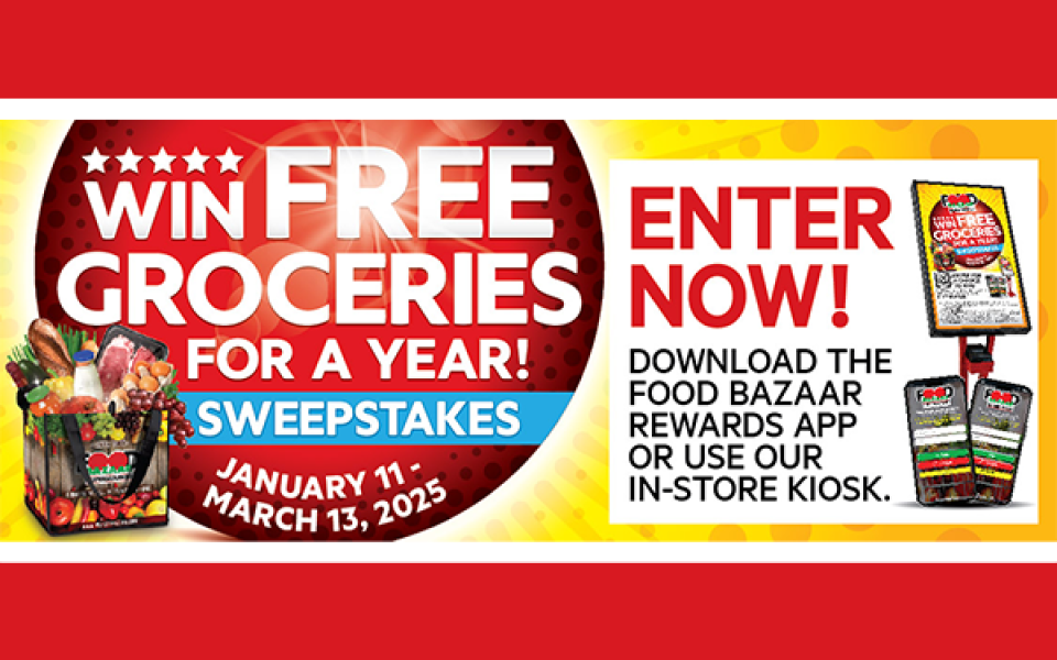 Win Free Groceries for a Year! Download the Food Bazaar Rewards App or use our in-store kiosk.